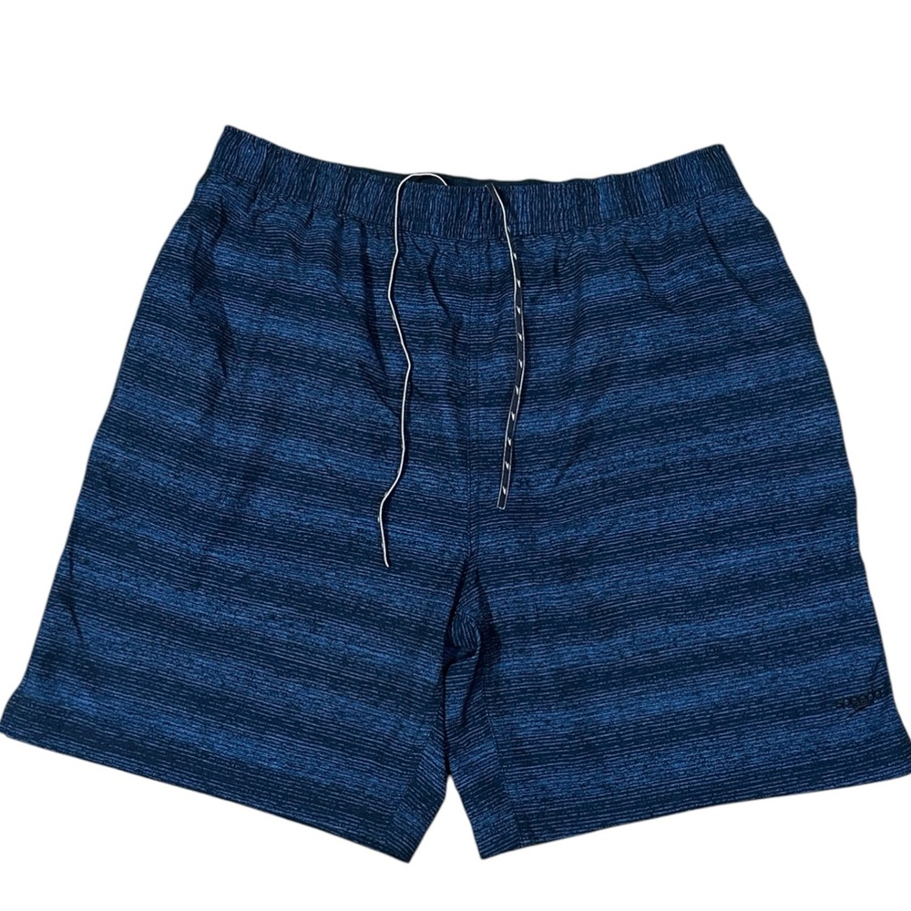 Speedo Mens Swim Trunks Striped Blue Drawstring Pockets XL